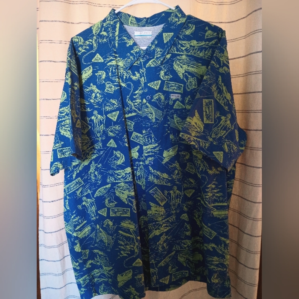 Columbia Men's PFG Short Sleeve Fishing Shirt Blue Freshwater Fish XL